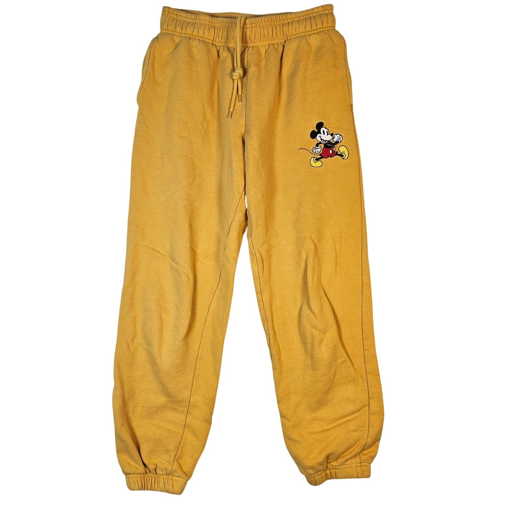 Disney Mickey Mouse Sweatpants Mustard Yellow Joggers XS Graphic Fleece Pants